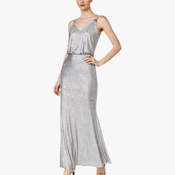 Calvin Klein Silver Maxi Dress with Triangle Gold Hardware Straps - Picture 1 of 11